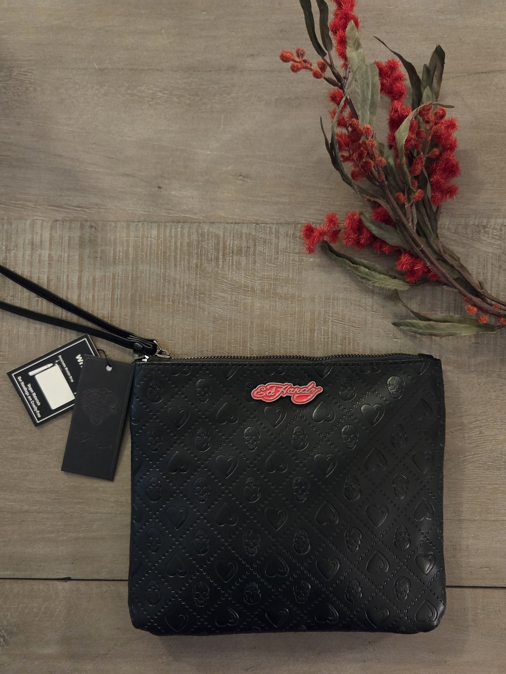 Ed Hardy Black Wristlet Clutch with Red Logo Accent